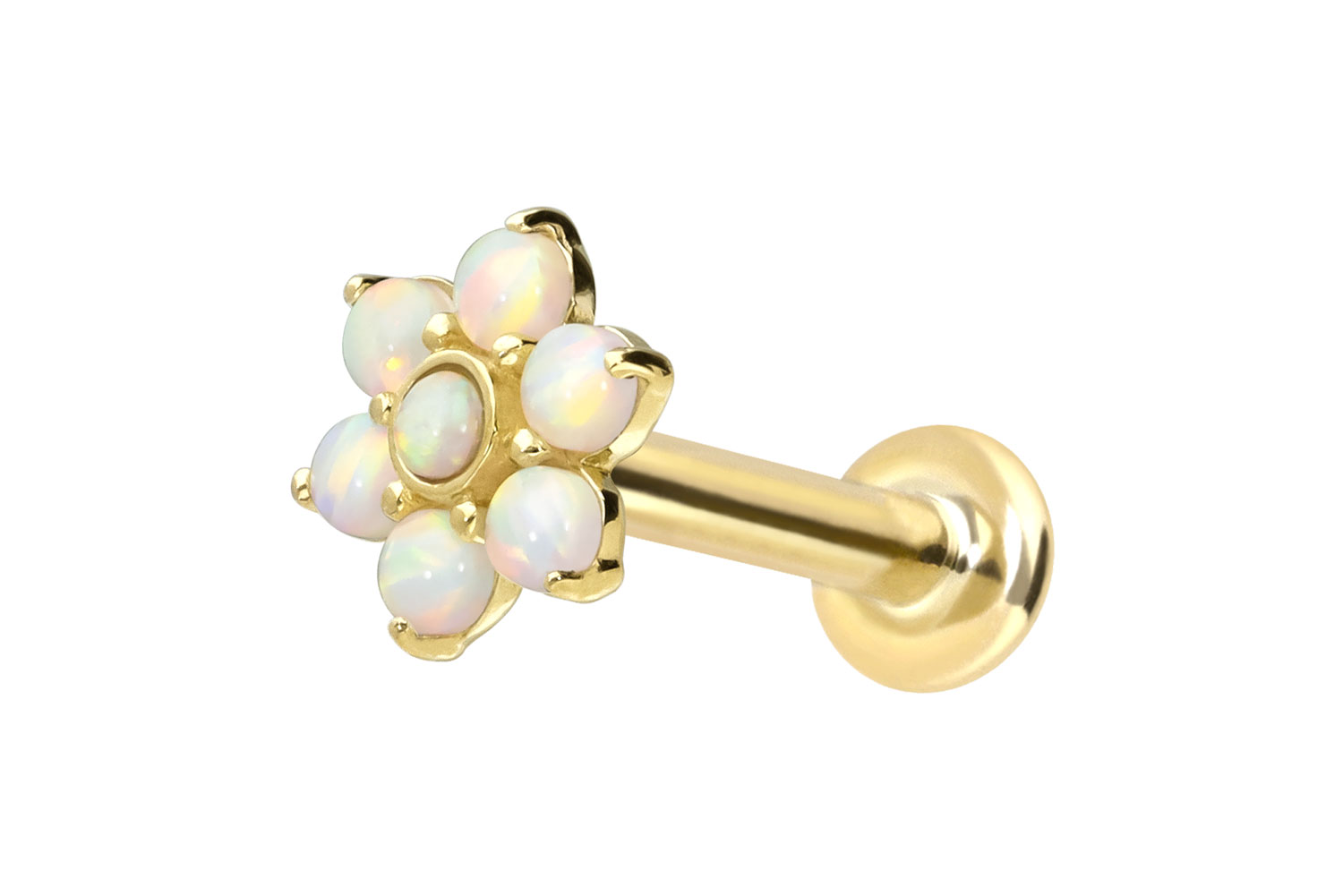 14 Karat Gold Labret Piercing mit Push Fit BLUME + 7 SYNTHETISCHE OPALE